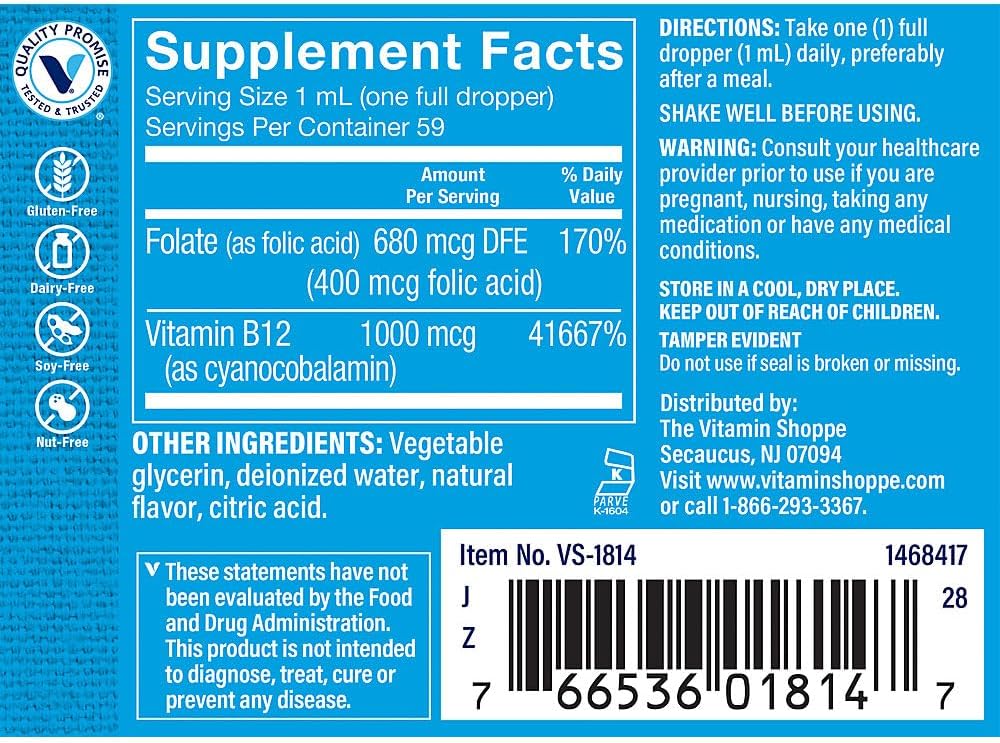 Vitamin Shoppe Vitamin B12 Liquid - Energy Production, Nervous System and Red Blood Cell Support - görsel 2