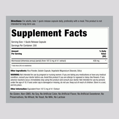 Piping Rock Wormwood Capsules - 200 Count, Concentrated Herbal Extract, Non-GM & Gluten-free