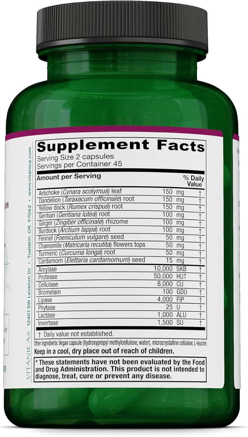 Vitanica Bitters Extra - Digestion Support Supplement with Dandelion Root - Digestive Enzymes & Ginger Root - 90 Capsules - görsel 2