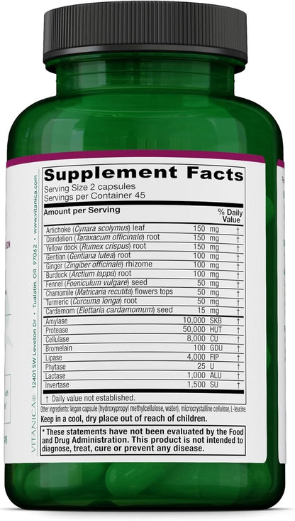 Vitanica Bitters Extra - Digestion Support Supplement with Dandelion Root - Digestive Enzymes & Ginger Root - 90 Capsules