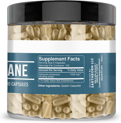 Earthborn Elements Lion’s Mane 200 Capsules, Pure & Undiluted, No Additives