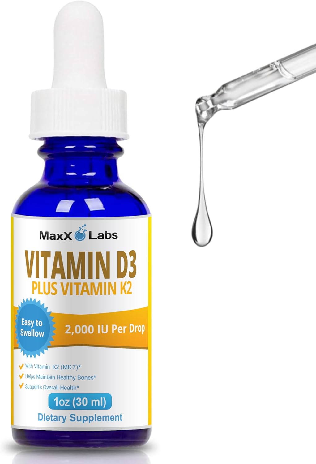 Vitamin D3 K2 Liquid Drops - 2000 IU D3 + MK7 from Natto - 30 ml (Approx. 900 Drops) - görsel 1