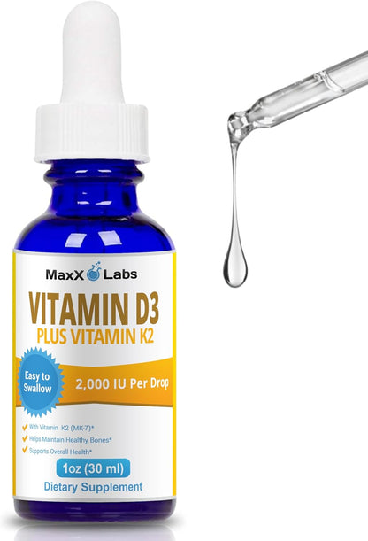 Vitamin D3 K2 Liquid Drops - 2000 IU D3 + MK7 from Natto - 30 ml (Approx. 900 Drops)