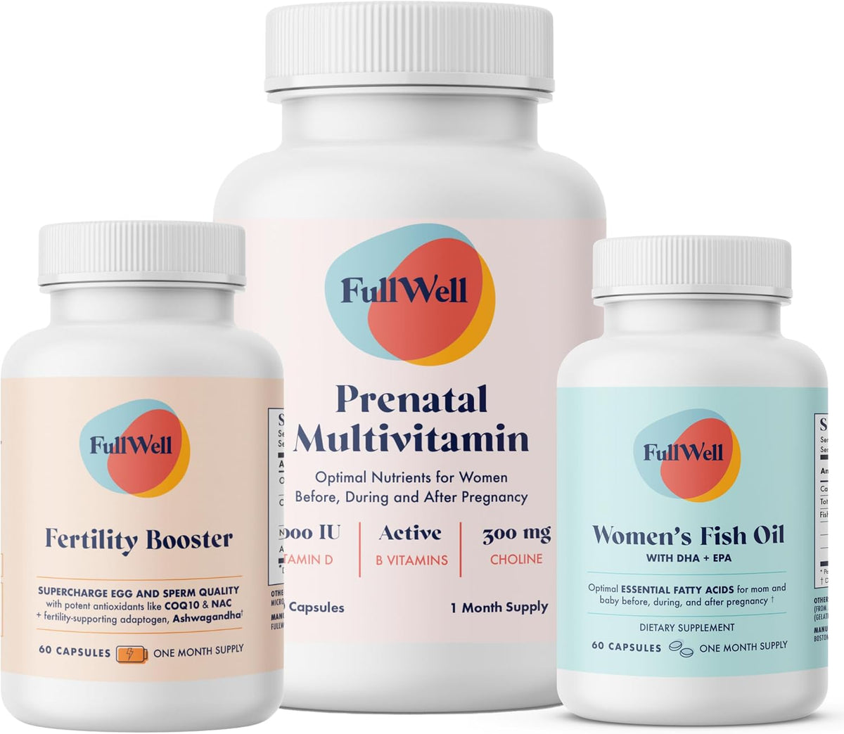 FullWell Women's Fertility Trio - Preconception Support for Women - Includes Fertility Booster, Antenatal Multivitamin & Fish Oil - Supports Reproductive Health - CoQ10 & Ashwagandha - 30 Servings - görsel 1