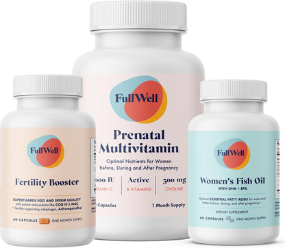 FullWell Women's Fertility Trio - Preconception Support for Women - Includes Fertility Booster, Antenatal Multivitamin & Fish Oil - Supports Reproductive Health - CoQ10 & Ashwagandha - 30 Servings