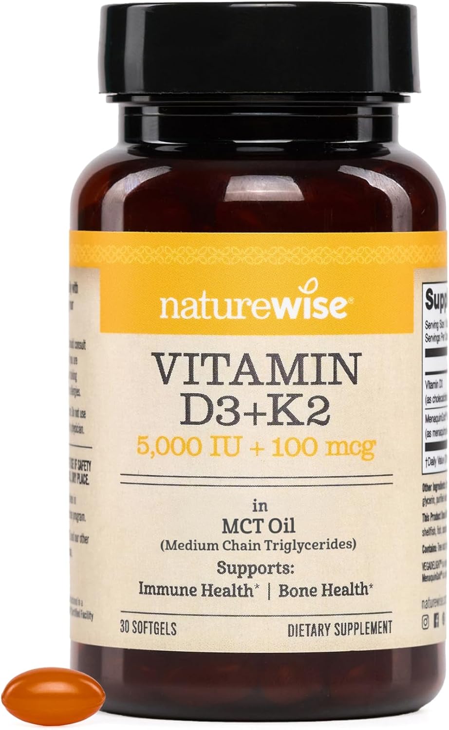 NatureWise Vegan Vitamin D3 + K2 with Organic Coconut MCT Oil – 5000 IU D3 + 100 mcg K2 – 30 Soft gel capsules - görsel 1