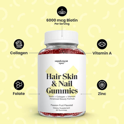 Supplement Spot Hair Skin and Nails Vitamins - 6000 mcg Biotin Gummies with Collagen, Passion Fruit Flavour (60 Gummies)