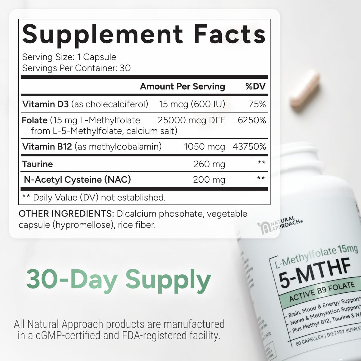 L-Methylfolate 15mg | 5-MTHF (Active B9) with Methyl B12, D3, NAC & Taurine | Premium Methylated Folate Supplement for Daily Undertake | Supports Normal Homocysteine Metabolism | 30 Capsules - görsel 5