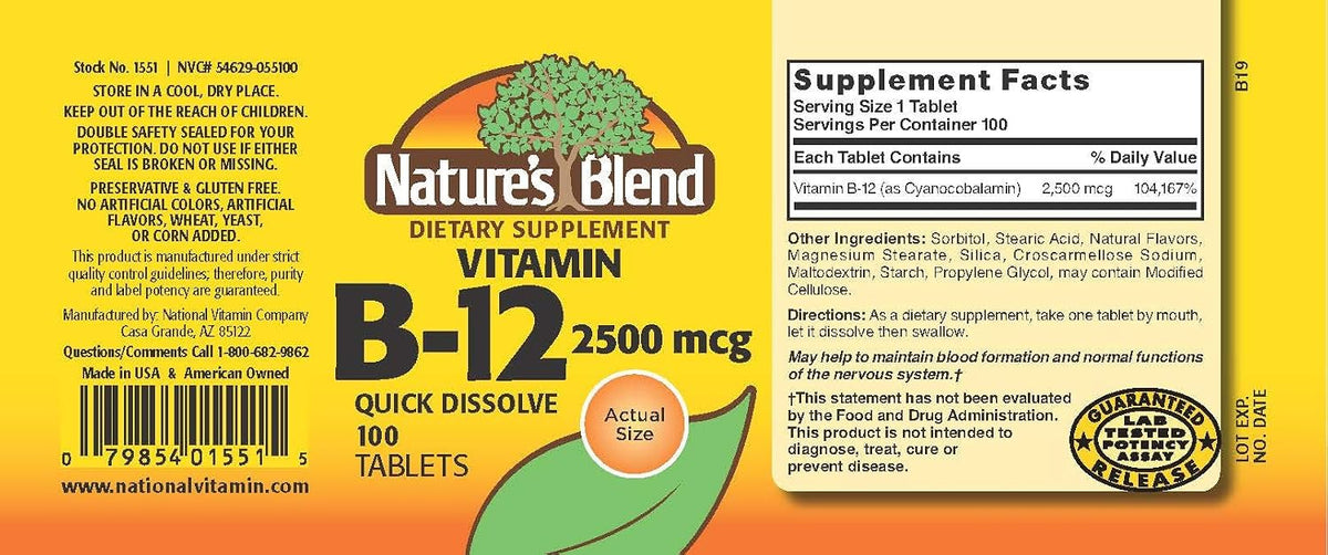Nature's Blend Vitamin B-12 2500mcg Tablets, 100 Tablets - görsel 2
