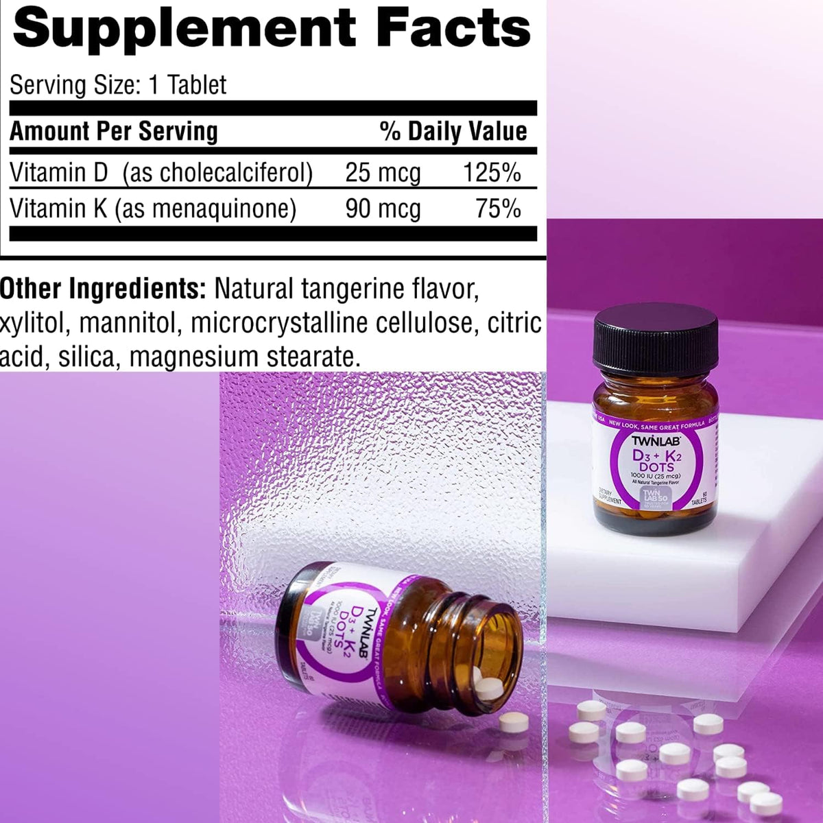 Twinlab D3 + K2 Dots - Vitamin D3 & K2 Supplement - 1000 IU D3 + 90 mcg K2 - Tangerine - 60 Tablets (3-Pack) - görsel 2