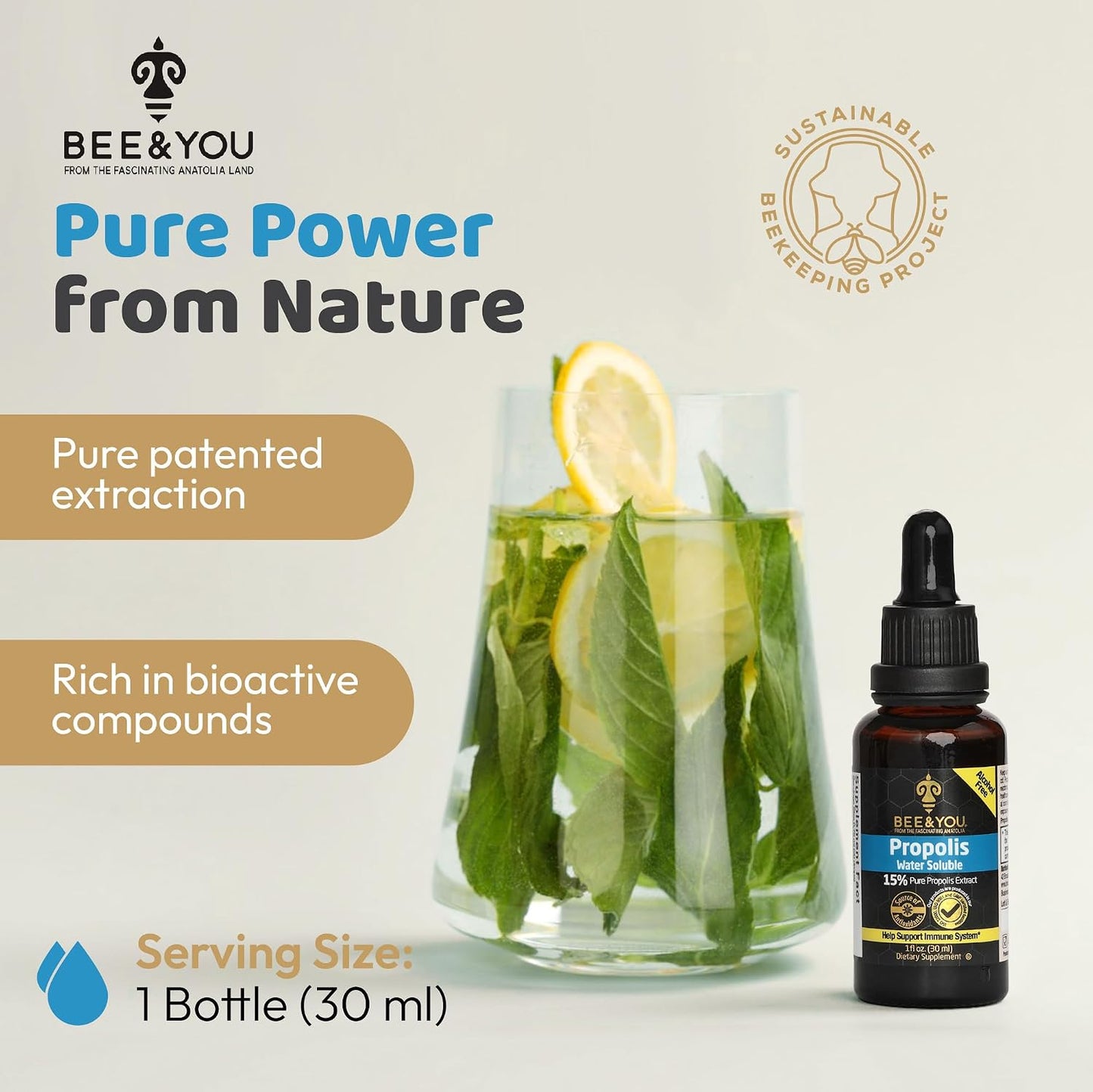 Bee and You Natural Pure Propolis Extract – Water Soluble, High Potency, 30ml - görsel 2
