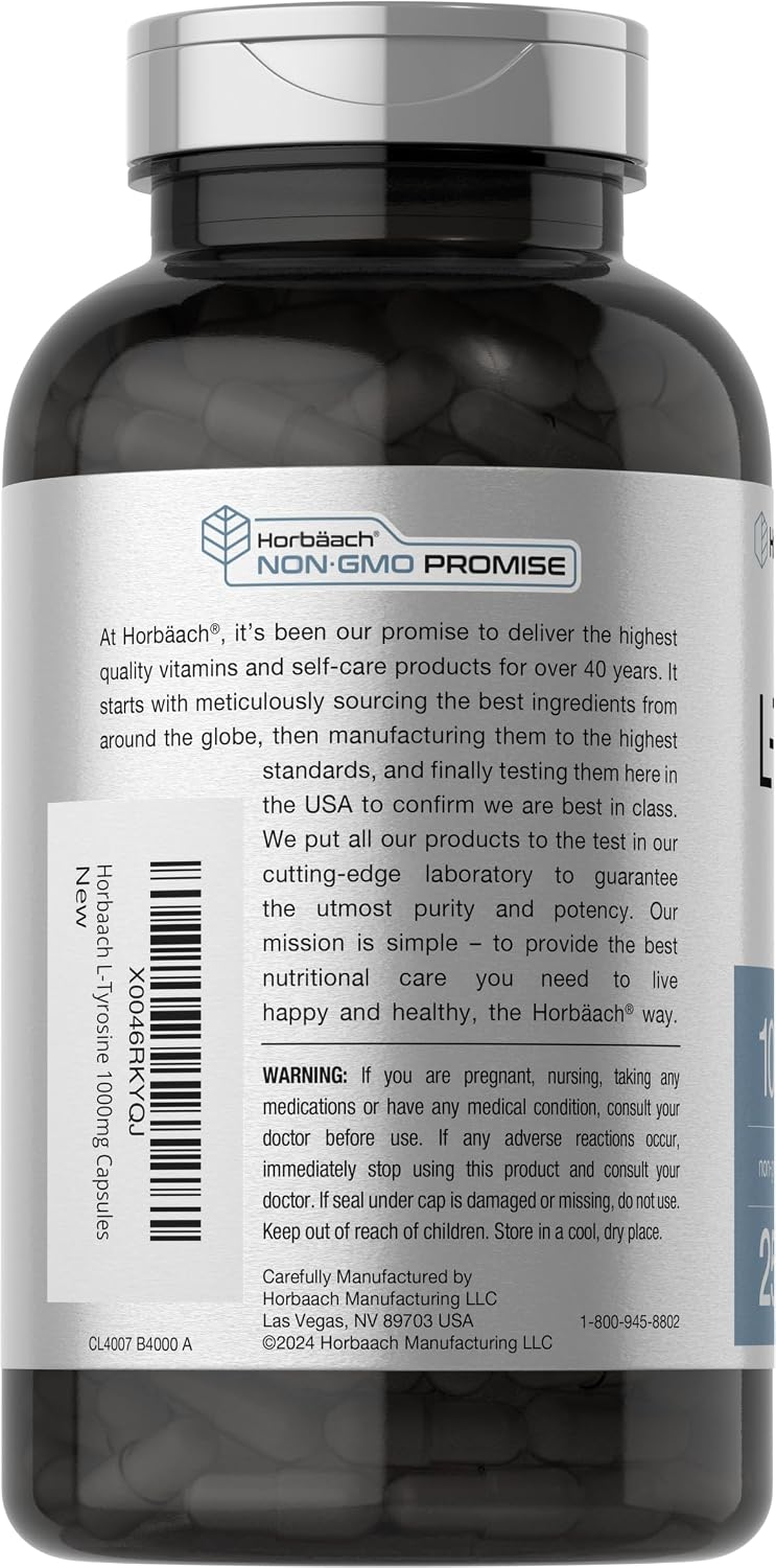 Horbäach L-Tyrosine 1000mg, 250 Capsules - Amino Acid Supplement, Non-GMO & Gluten-free - görsel 3