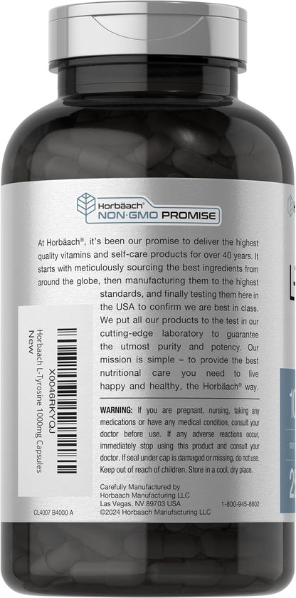 Horbäach L-Tyrosine 1000mg, 250 Capsules - Amino Acid Supplement, Non-GMO & Gluten-free