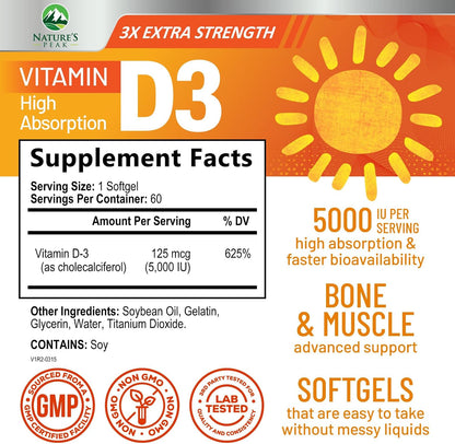 Vitamin D-3 5000 IU (125 mcg) Per Serving Softgels - Extra Strength Vitamin D Dietary Supplement for Bone, Teeth, Muscle Health & Immune Support, Rapid Absorption, Bottled in USA, Gluten-free - 60 Count