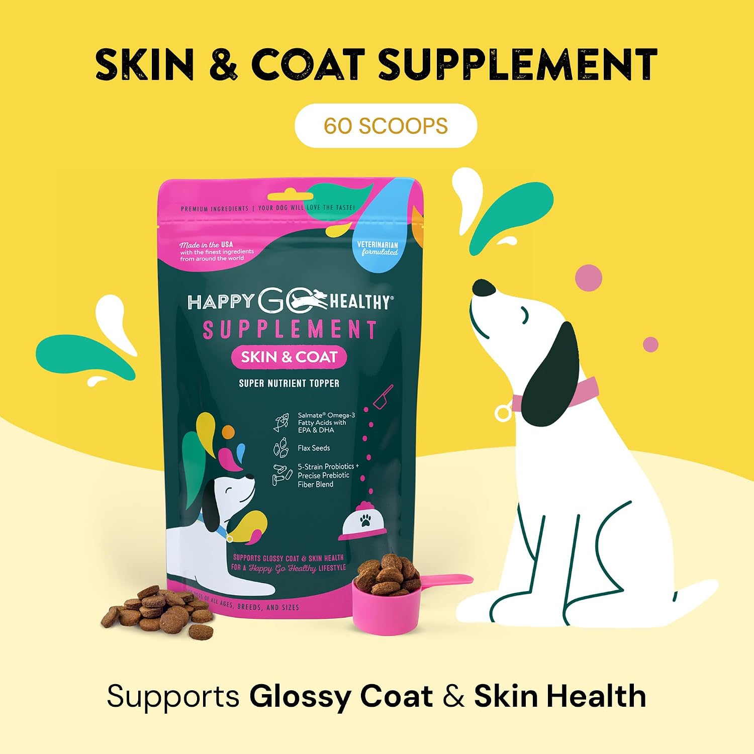 Happy Go Healthy Skin & Coat Supplements for Dogs – All-Natural Probiotic & Omega-3 Dog Food Topper (60 Count) - görsel 2