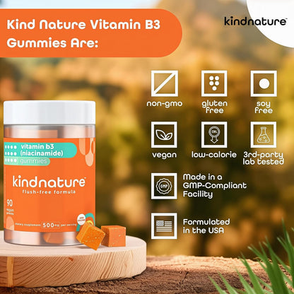 Kindnature Vitamin B3 Niacinamide Gummies 500mg – Flush-Free Niacin Supplement – Contributes to Normal Skin, Energy Metabolism & Nervous System Function – Vegan, Non-GMO, Gluten-free, Soya-Free – 90 Gummies