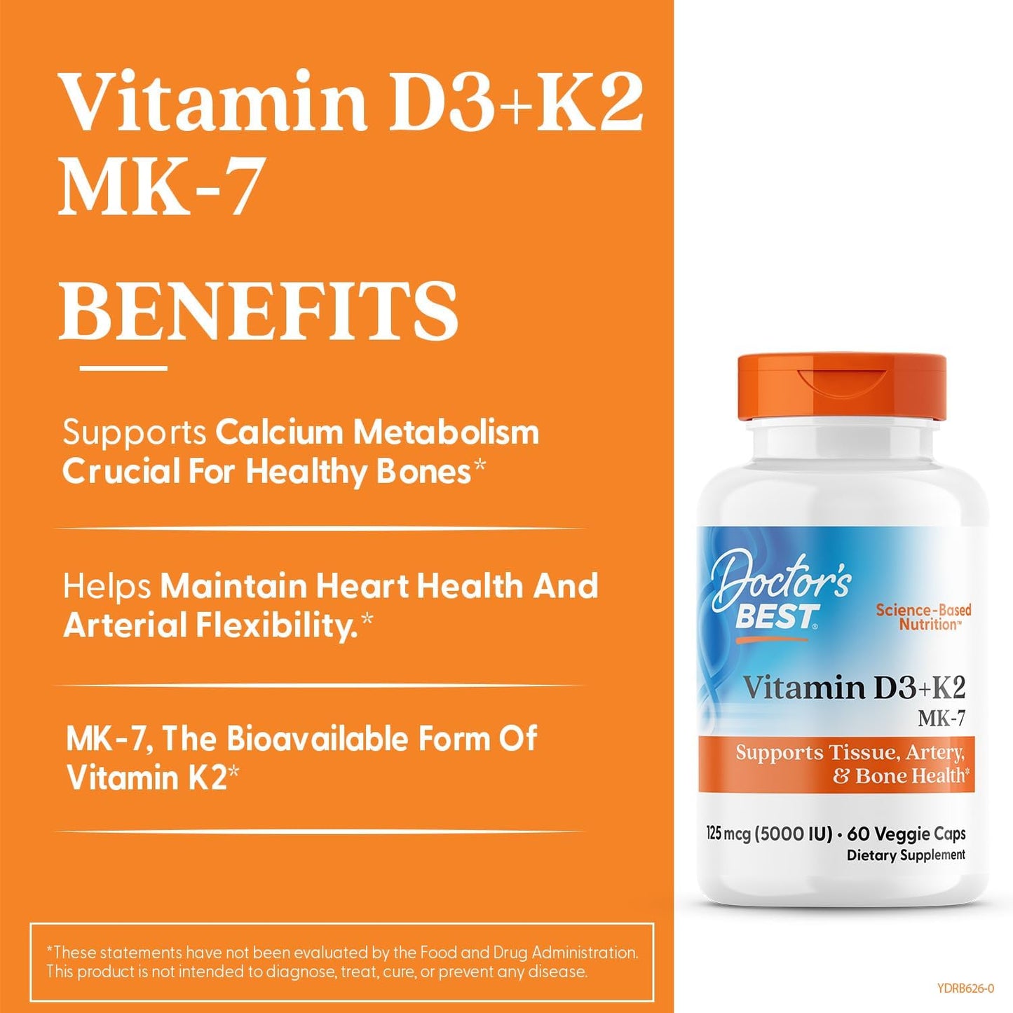 Doctor's Best Vitamin D3 and K2 Supplement for Men & Women - Vitamin D3 5000 IU + K2 as MK-7, Bone Health Support, Gluten-free, Non GMO, Vegetarian Capsules - 60 Veg Caps - görsel 2