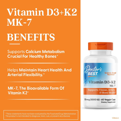 Doctor's Best Vitamin D3 and K2 Supplement for Men & Women - Vitamin D3 5000 IU + K2 as MK-7, Bone Health Support, Gluten-free, Non GMO, Vegetarian Capsules - 60 Veg Caps