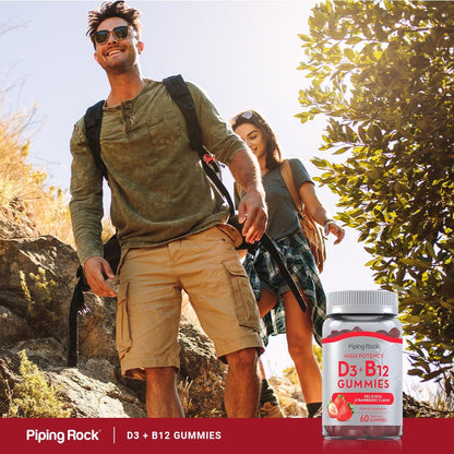 Piping Rock Vitamin D3 and B12 Gummies - High Potency, Strawberry Flavour, 60 Count