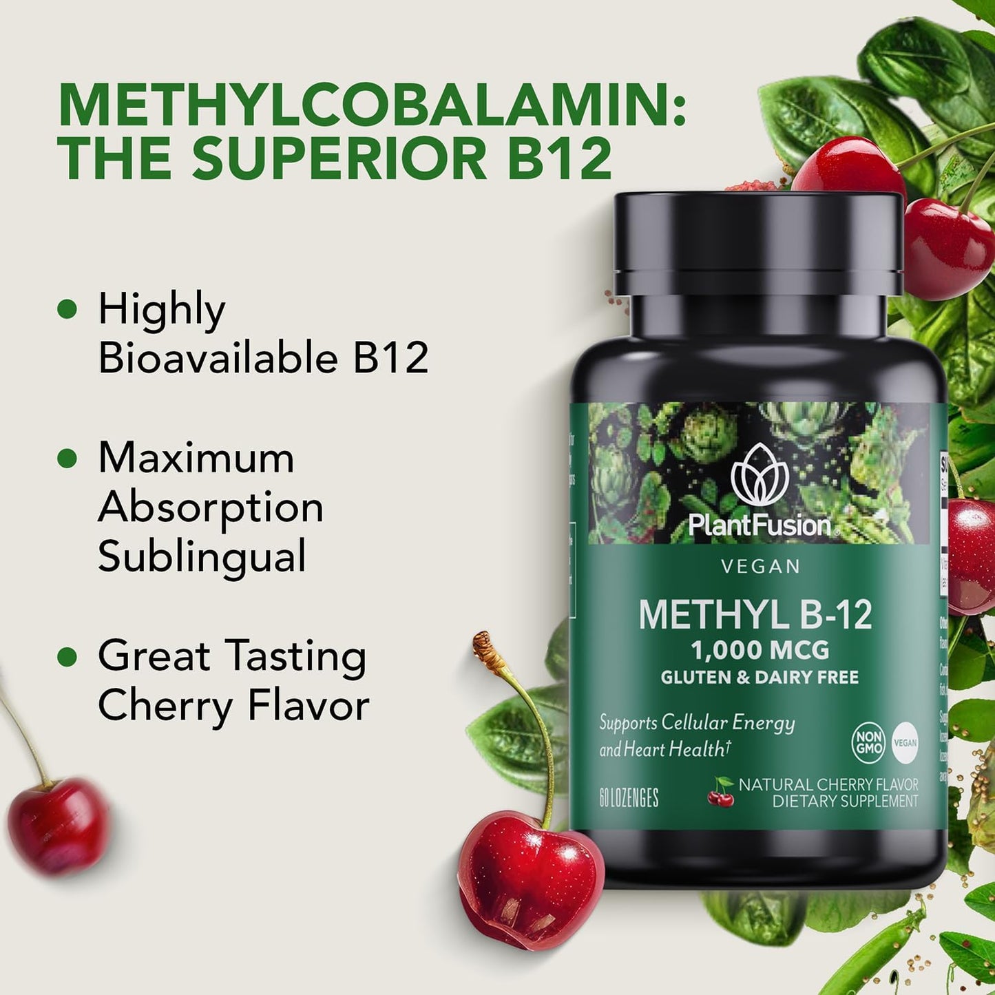 PlantFusion Vegan B12 Methyl 1000 mcg - Sublingual Vitamin - Supports Energy, Heart Health, Nervous System - Cherry Flavour, 60 High Potency Methylcobalamin Lozenges for Fast Absorption - görsel 4