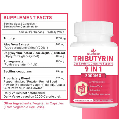 Tributyrin Gut Health Supplement – Butyrate Complex with Aloe & Probiotics, 60 Vegan Capsules
