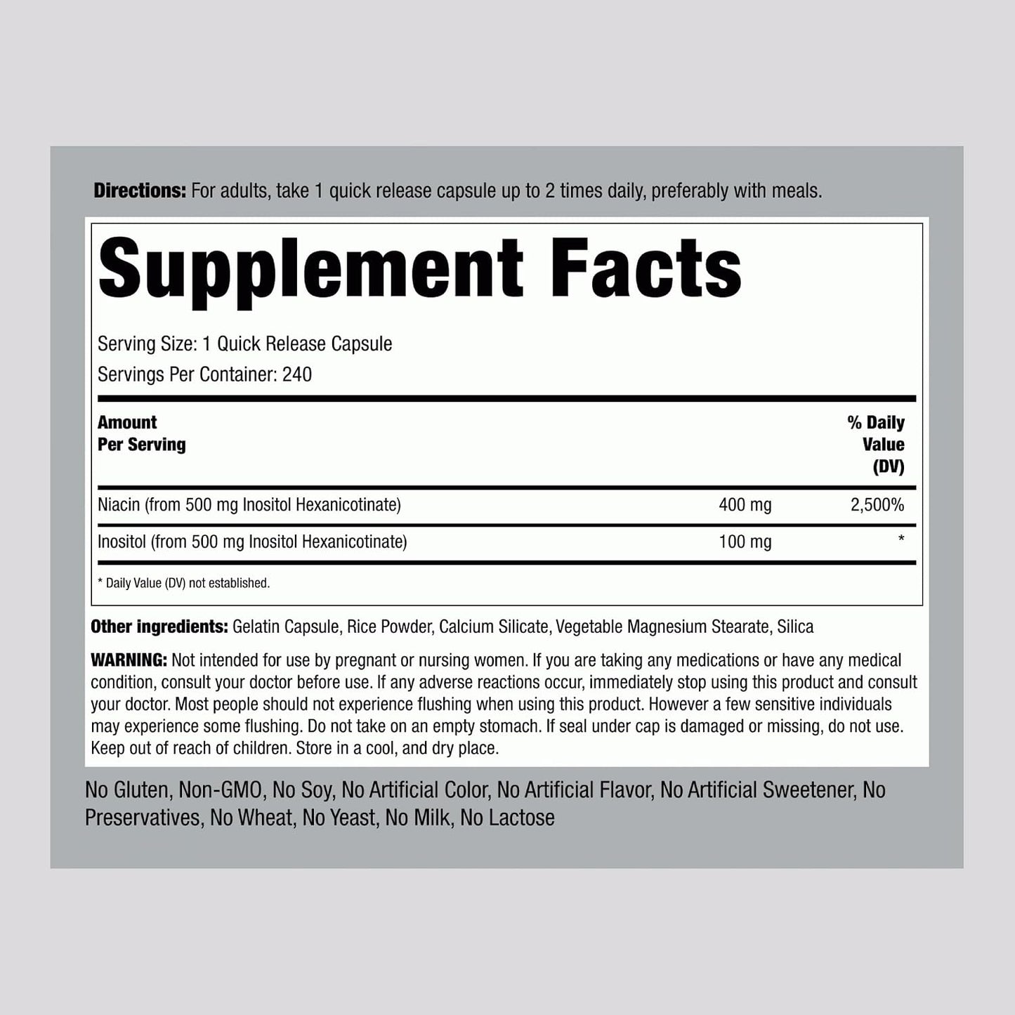 Piping Rock Niacin 500mg Flush Free | 240 Capsules | Vitamin B3 Food Supplement - görsel 2