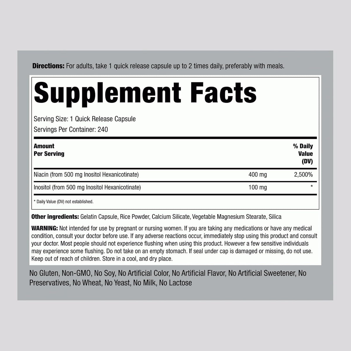 Piping Rock Niacin 500mg Flush Free | 240 Capsules | Vitamin B3 Food Supplement - görsel 2