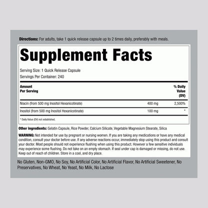 Piping Rock Niacin 500mg Flush Free | 240 Capsules | Vitamin B3 Food Supplement