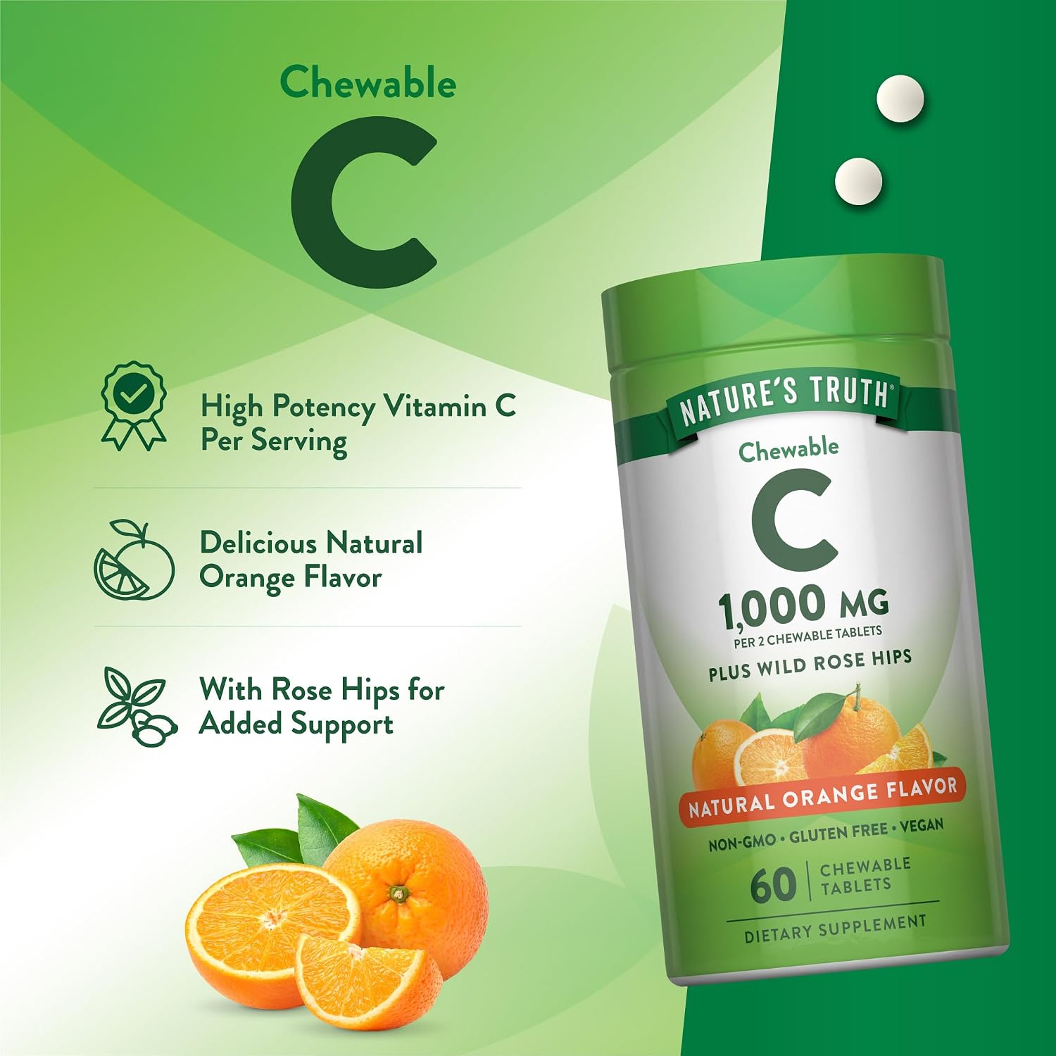 Nature's Truth Chewable Vitamin C with Rose Hips - 1000 mg, 60 Chewable Tablets - görsel 5