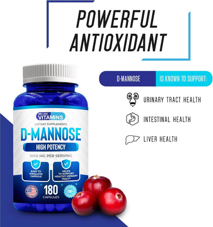 D-Mannose 1000mg Capsules – 180 Easy-to-Swallow Veggie Capsules