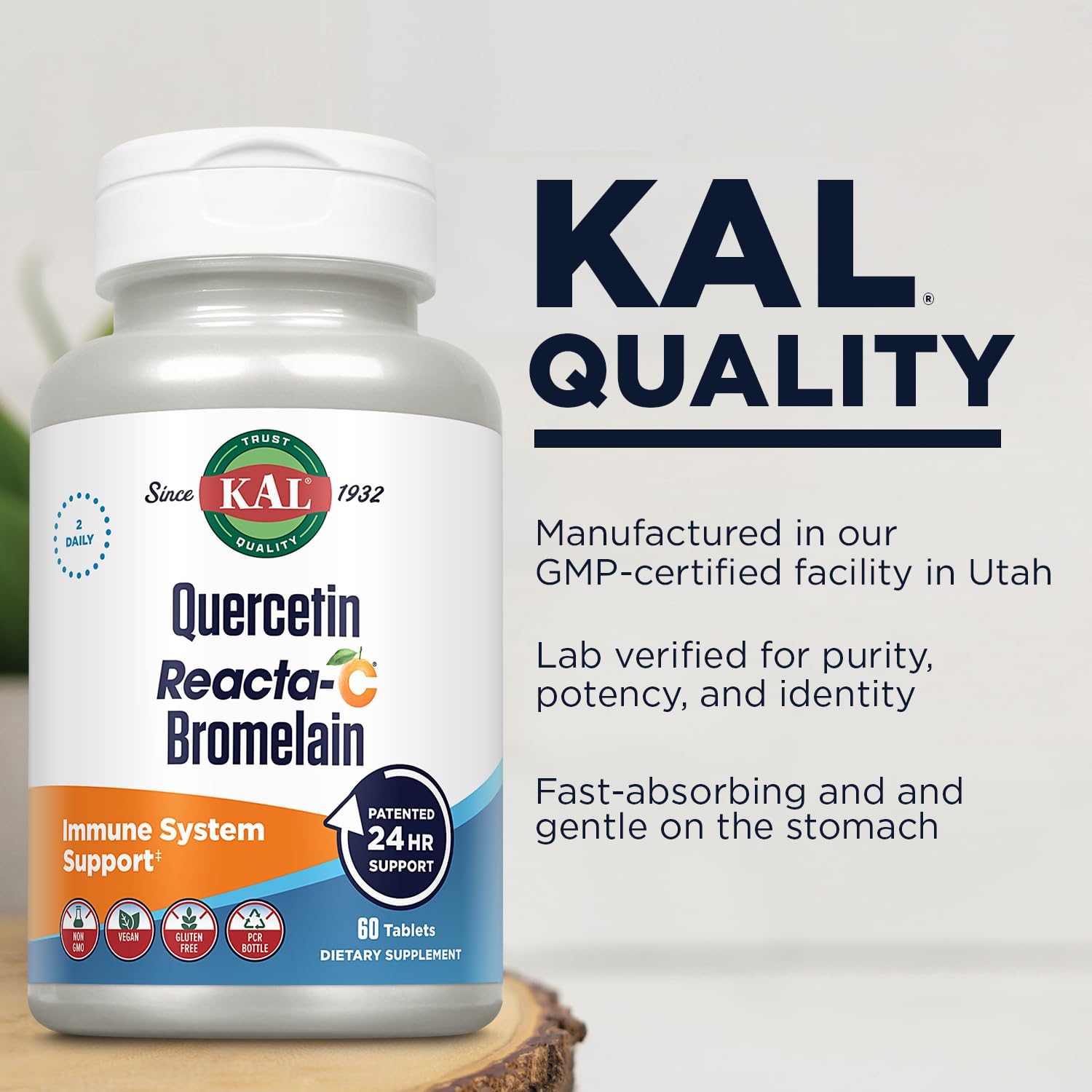 KAL Quercetin with Bromelain - Bromelain Quercetin Supplement for Men & Women, Complex with Vitamin C, Nettle, & Chamomile, Immune Health Support, Vegan, Non-GMO, Gluten-Free - 60 Tablets - görsel 5