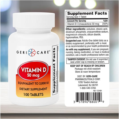 GeriCare Vitamin D 50 mcg (2000 IU) – 100 Tablets – Bone Health, Muscle Function and Immune Support