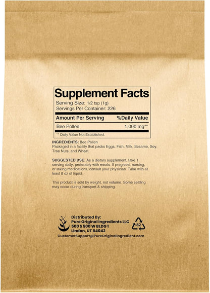 PURE ORIGINAL INGREDIENTS Bee Pollen, 8 oz (227g), No fillers, Undiluted Supplement