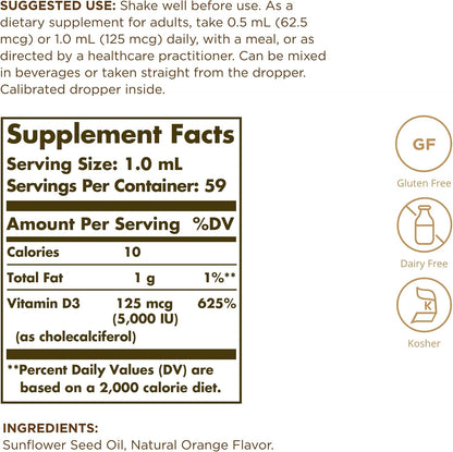 Solgar Liquid Vitamin D3 125 mcg (5,000 IU) – Natural Orange Flavour – 2 fl oz