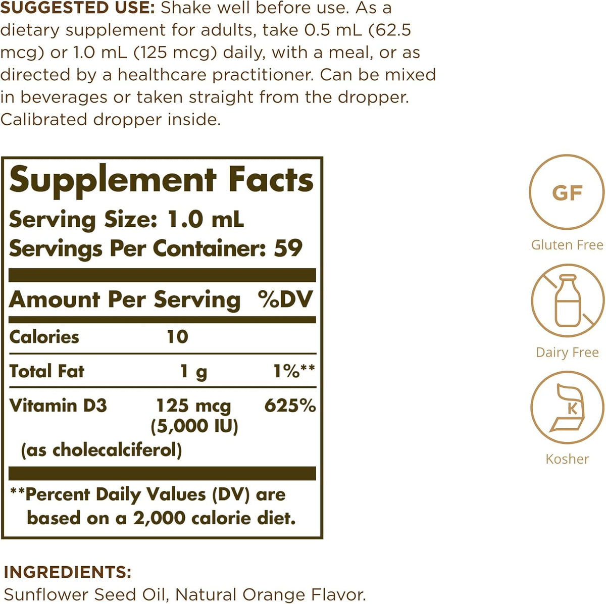 Solgar Liquid Vitamin D3 125 mcg (5,000 IU) - 2 fl oz, Pack of 2 - Natural Orange Flavour - görsel 2
