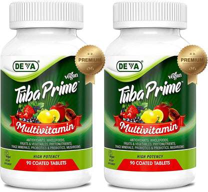 DEVA Tuba Prime Vegan Multivitamin High-Potency with Greens, Berries, Mushrooms, Probiotics & Herbs - 90 Tablets (2-Pack)