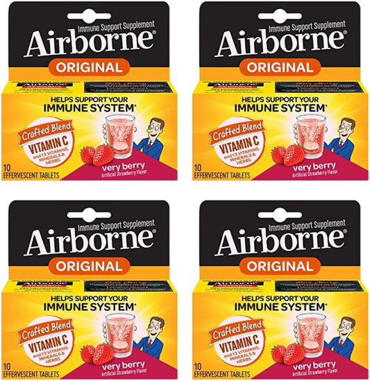 Airborne Very Berry Effervescent Tablets - Immune Support with 1000mg Vitamin C, 40 Tablets (Pack of 4)