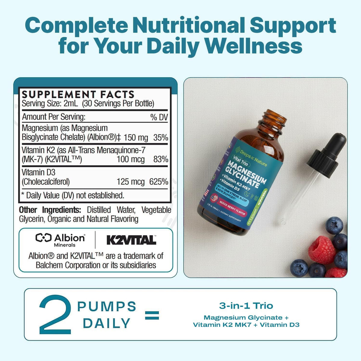 Drops Of Nature Magnesium Glycinate, Vitamin D3 & K2 Liquid Supplement – Mixed Berry, 60 mL - görsel 3
