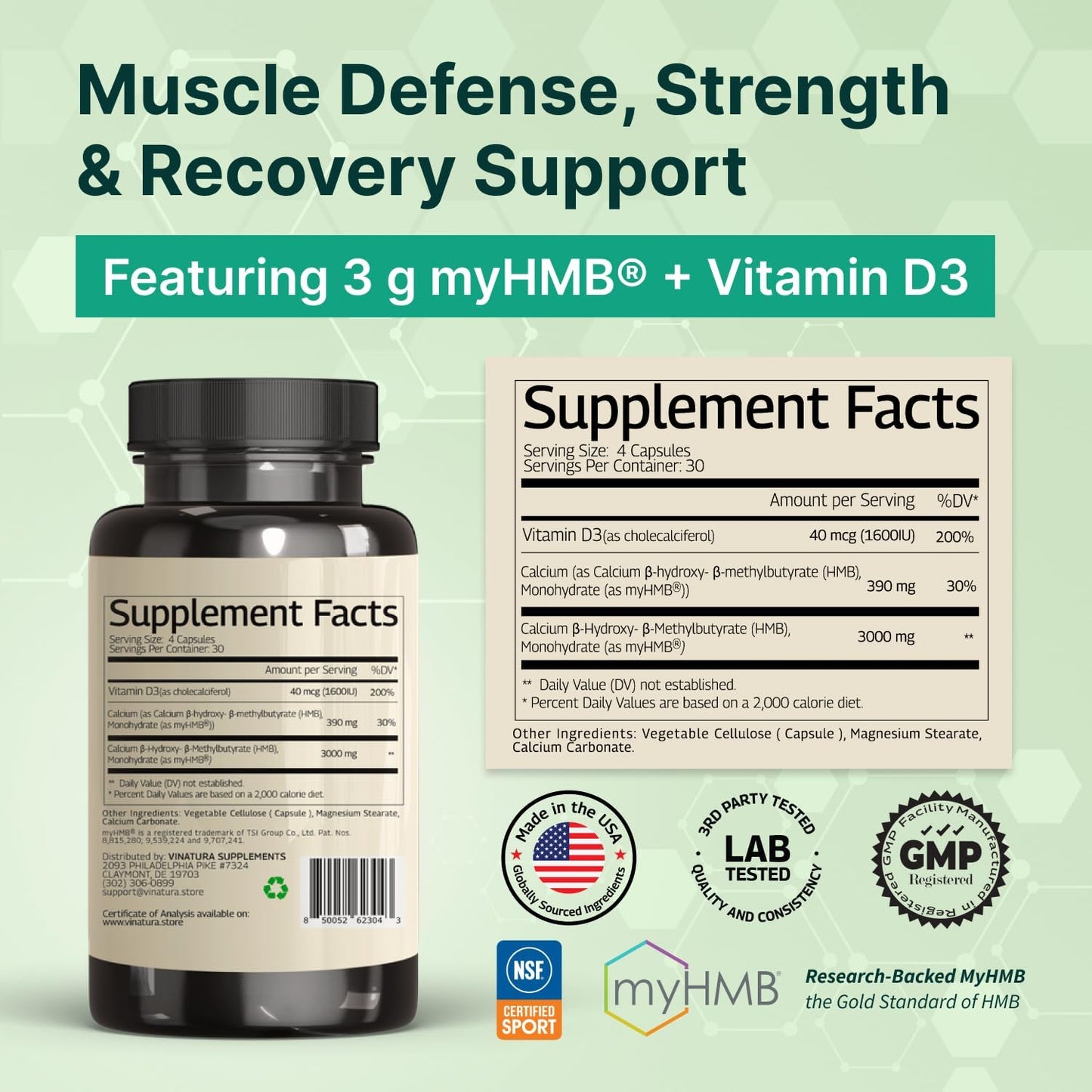 VINATURA HMB 3000mg + Vitamin D3 Food Supplement – NSF Certified for Sport – 120 Capsules - görsel 3