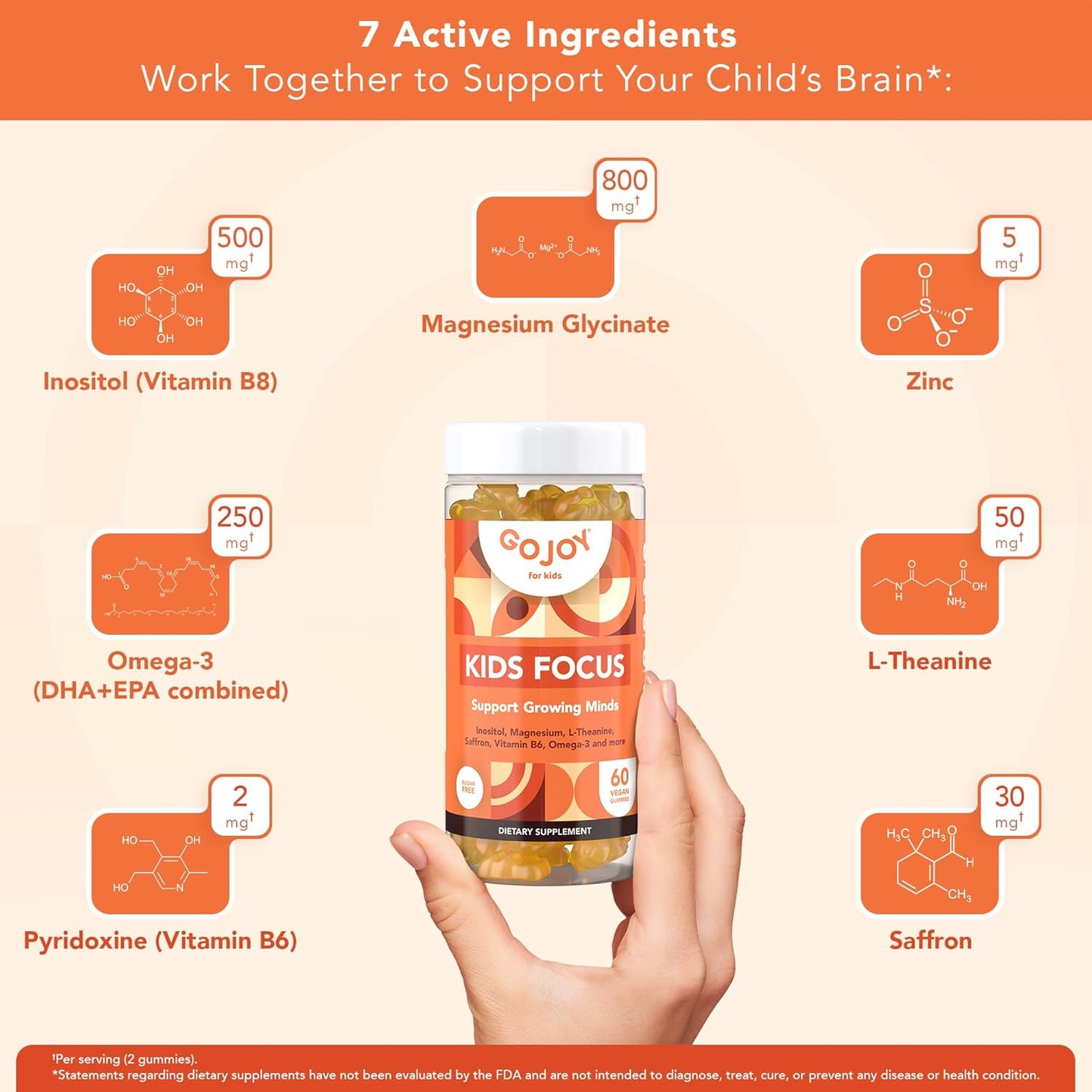 GOJOY NATURALS Kids Focus Gummies – Saffron, Magnesium Glycinate, L-Theanine and Inositol Supplement for Focus and Calm - görsel 5