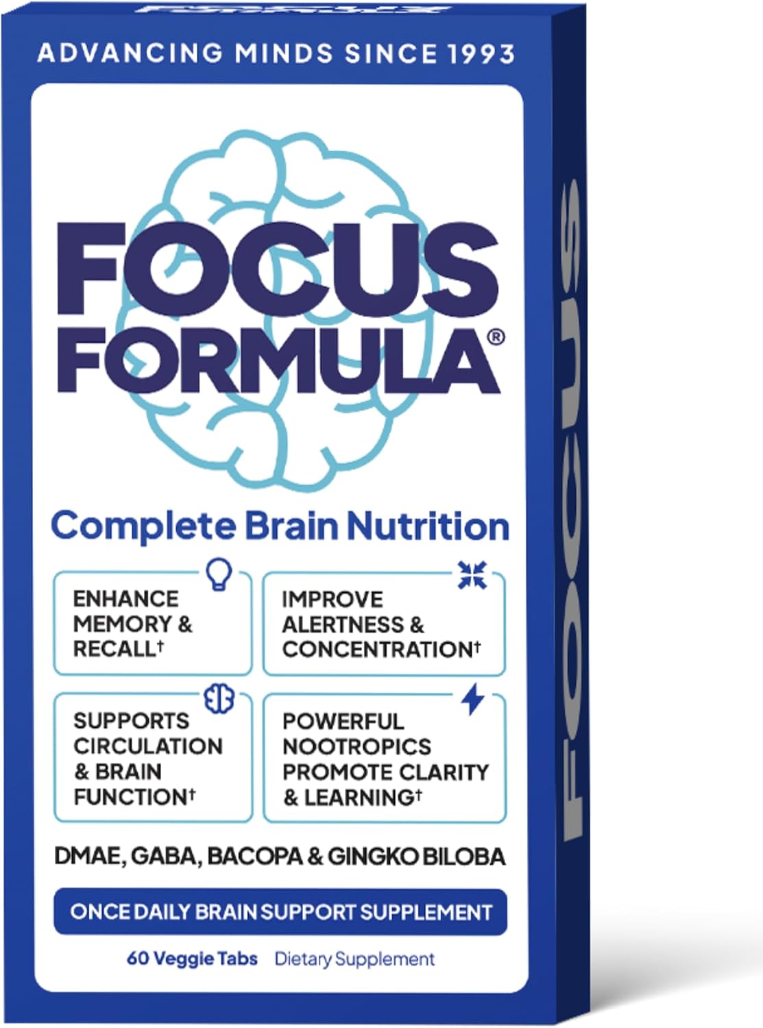 Focus Formula Nootropic Brain Supplement, Focus Capsules for Concentration, Supports Energy, Brain Booster with GABA, DMAE and BACOPA, Memory Support Supplement, Cognitive Support, 60 Vegetable Tablets - görsel 1