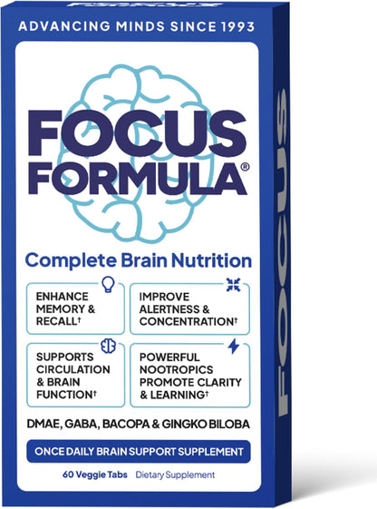 Focus Formula Nootropic Brain Supplement, Focus Capsules for Concentration, Supports Energy, Brain Booster with GABA, DMAE and BACOPA, Memory Support Supplement, Cognitive Support, 60 Vegetable Tablets