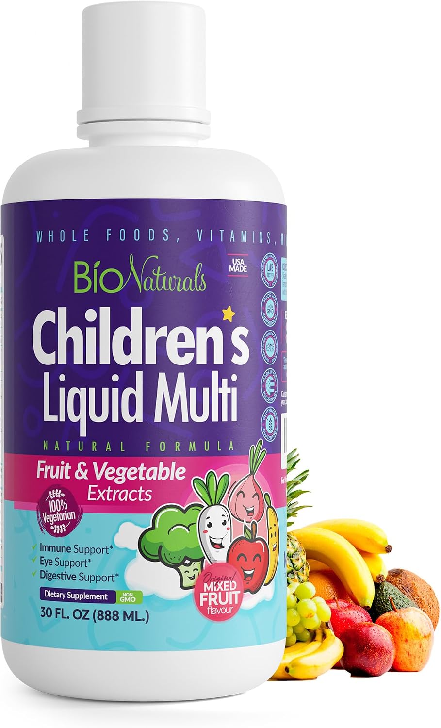 Bio Naturals Children's Liquid Multivitamin & Immune Booster - Natural Supplement for Kids & Toddlers with Vitamins A, B, C, D3, E, Fibre, Fruits & Vegetables - No Gluten, Sugar, Dairy, Soya - 30 oz - görsel 1