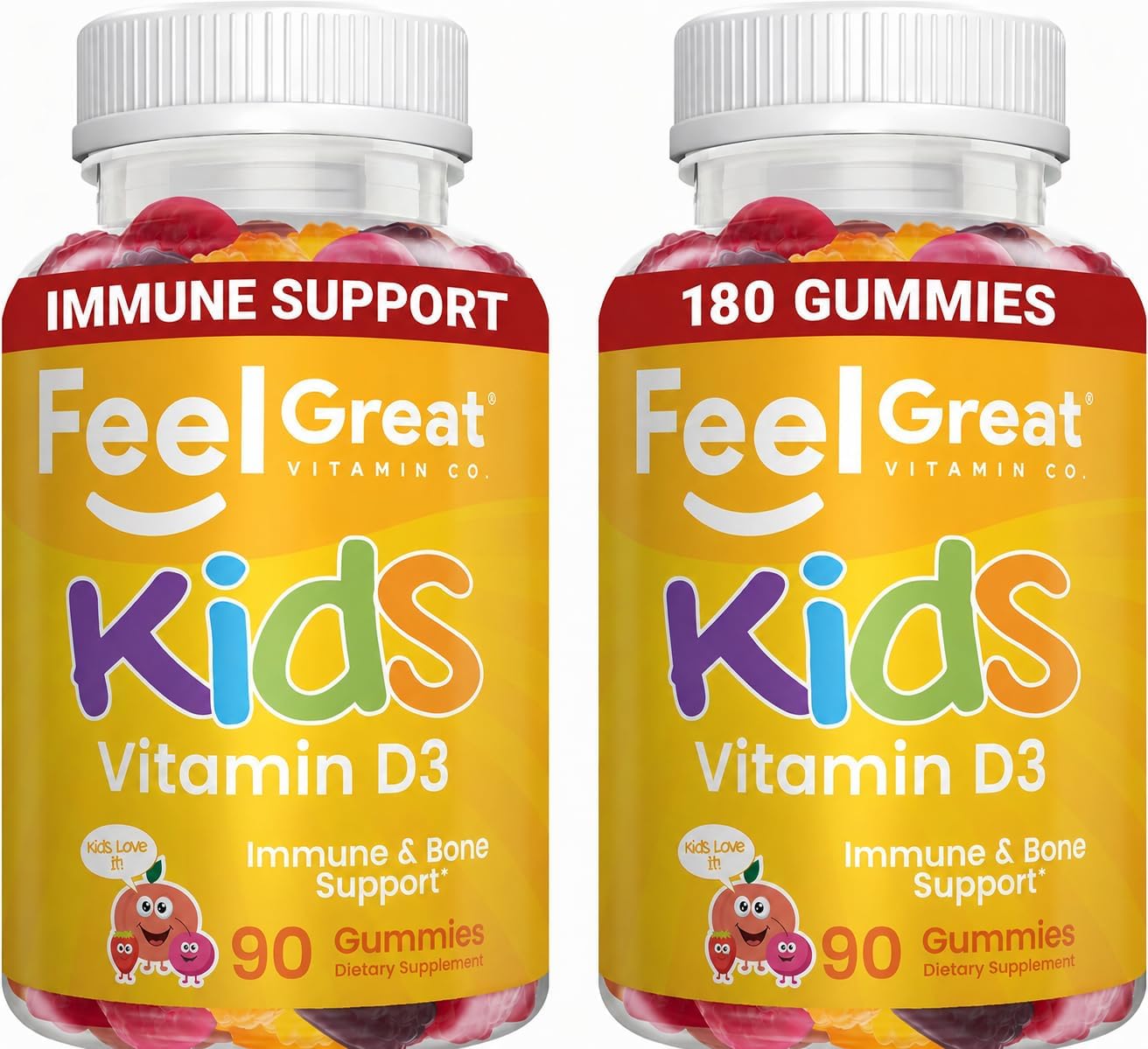 Feel Great Kids Vitamin D3 1000 IU Gummies (2-Pack) | Citrus Flavoured Vegetarian D3 for Immune & Bone Health - görsel 1