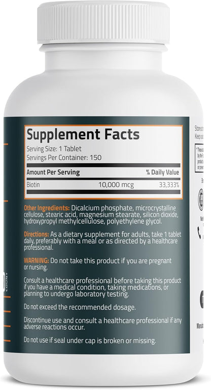 Bronson Biotin 10,000mcg – Supports Healthy Hair, Skin and Nails, Vegetarian, Non-GMO, 150 Tablets