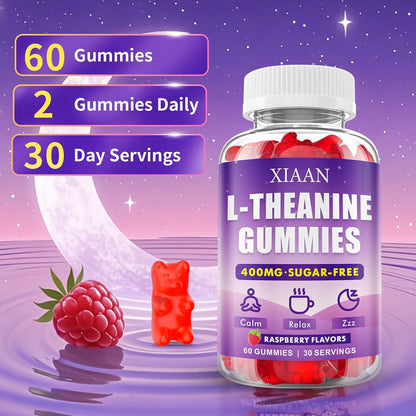 XIAAN L-Theanine Gummies for Kids & Adults, 400mg L-Theanine Supplement for Calm, Relaxation, and Sleep Support, Vegan, Organic, Raspberry Flavour, 60 Counts