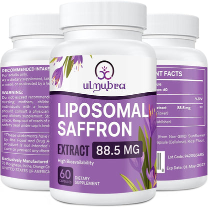Liposomal Saffron Supplements 88.5 mg, Maximum Absorption, 100% Pure Saffron Extract Capsules for Mood, Energy, Vision and Focus - 60 Vegan Capsules