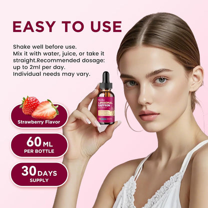 Liposomal Saffron Supplements - 88.5mg Saffron Extract Liquid Drops with L-Theanine, Chamomile, Vitamin C, B6, B12 & D3 for Antioxidant, Immune, Mood, Energy, Focus & Sleep - 60 ml Strawberry Flavour
