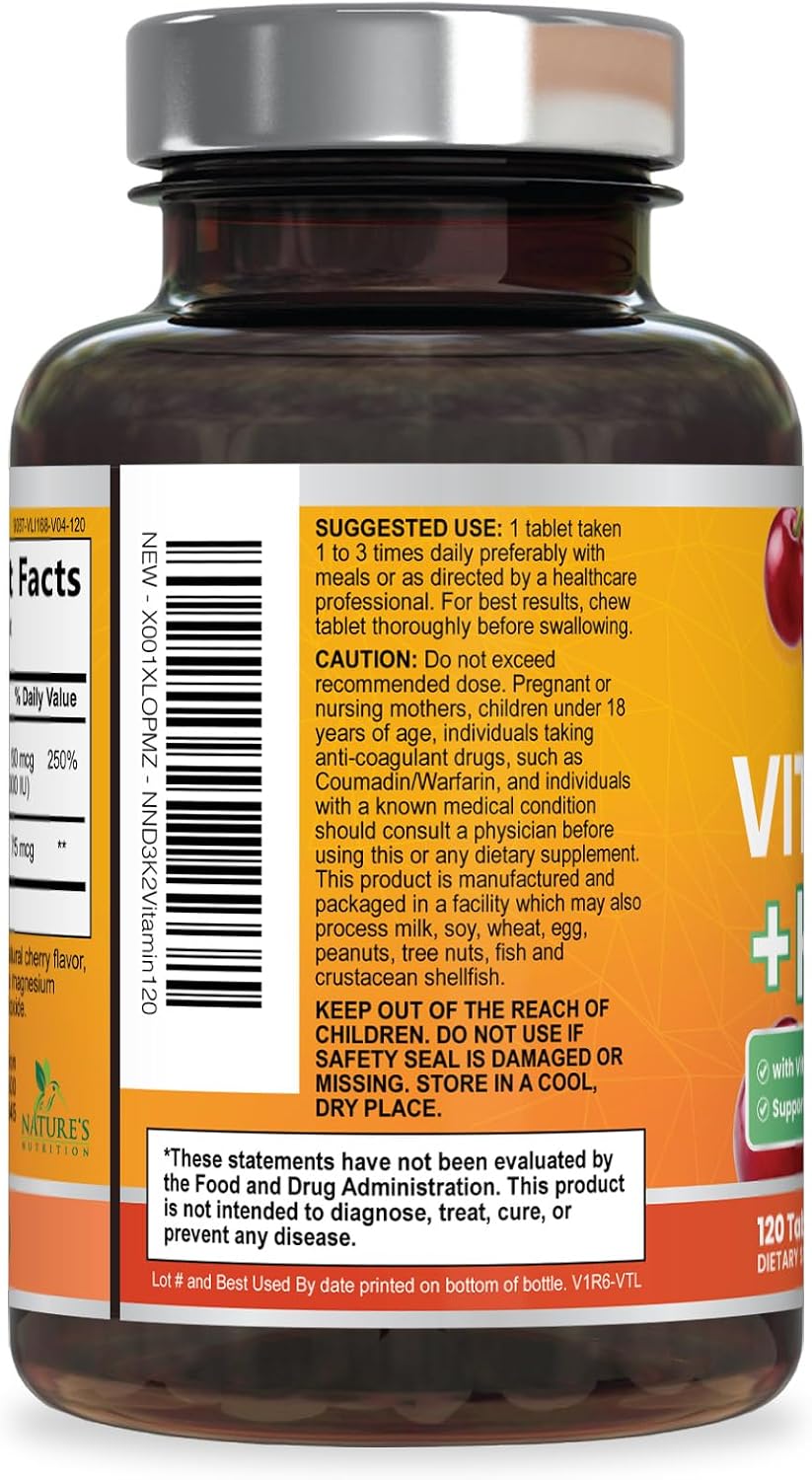 Vitamin D3 & K2 Supplement - 2000 IU D3 + 75 mcg MK-7 - Chewable Berry Tablets (120 Count) - görsel 8