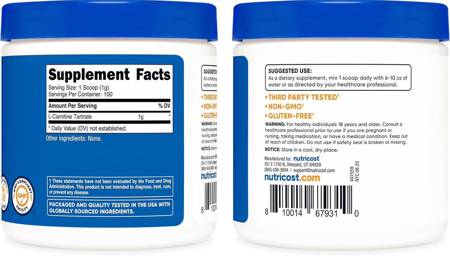 Nutricost L-Carnitine Tartrate Powder (100 g) – 1 Gram per Serving, 100 Servings - görsel 6